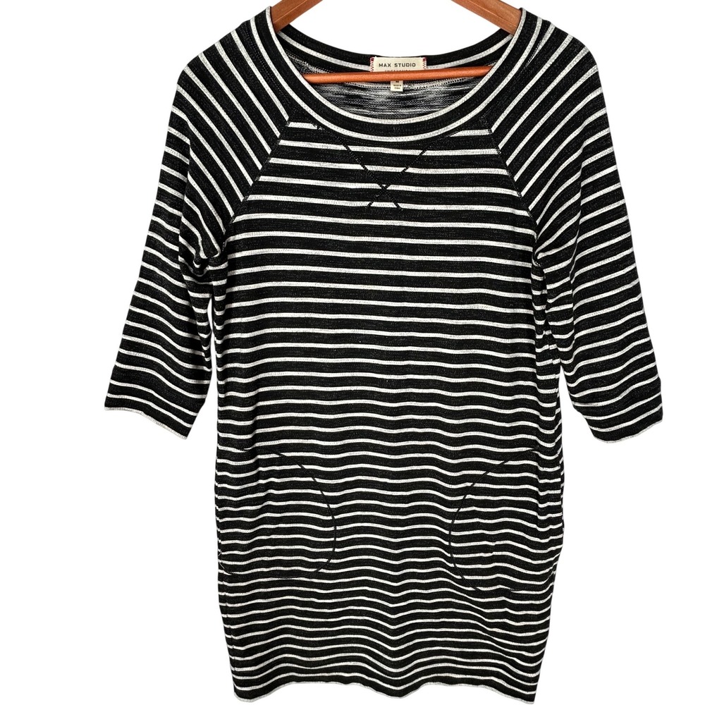 Max Studio (Weekend) Black with White Stripe Knit 3/4 Sleeve Dress Womens Medium